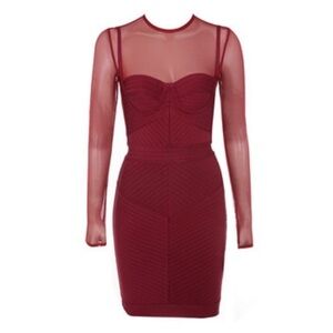 House of CB Noelle wine red bandage bodycon sheer sleeve mini dress XS